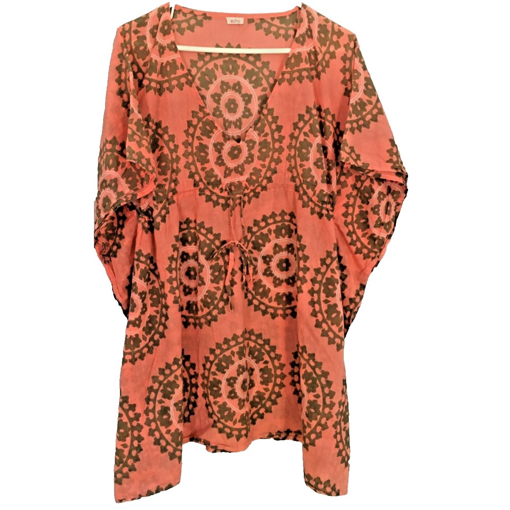 Echo Swim Cover Up Womens One Size Coral Pink Green Medallion Print Tunic Boho‎